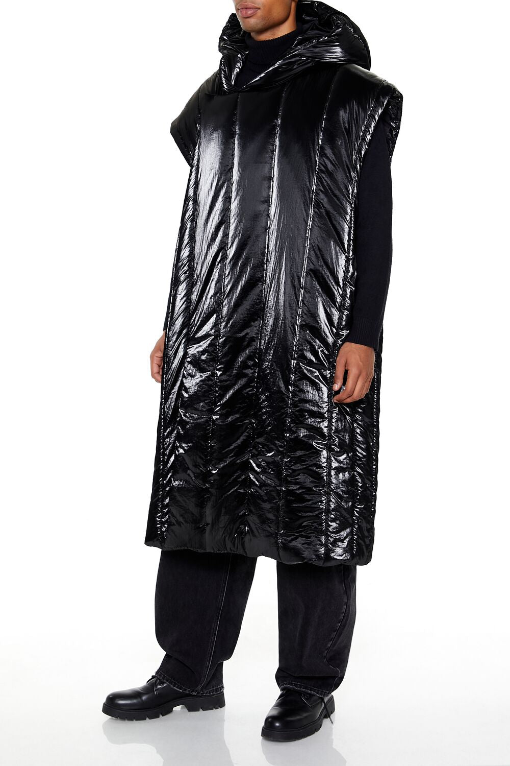  Forever 21 Hooded Longline Puffer Vest - black - Bonton