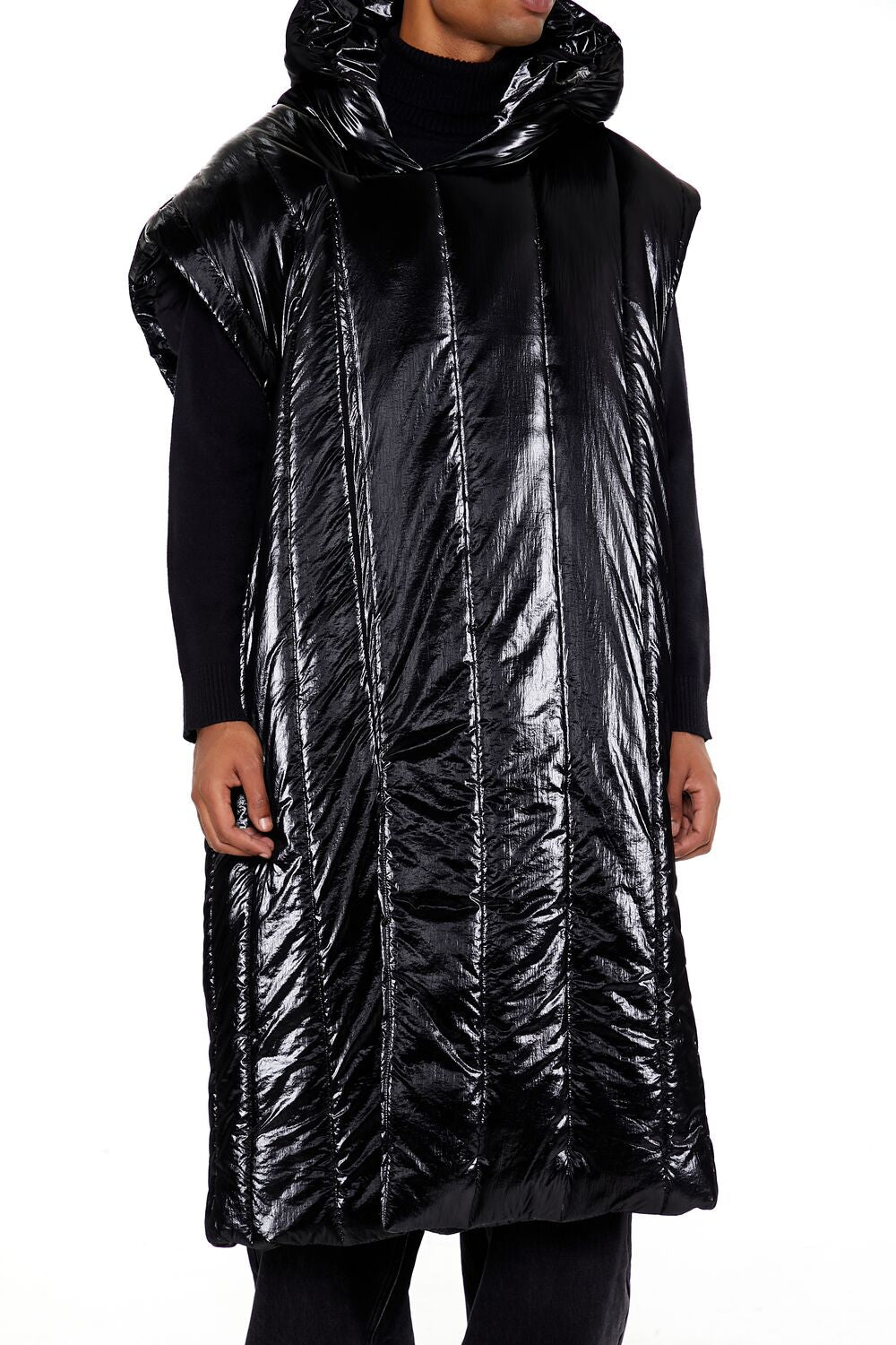  Forever 21 Hooded Longline Puffer Vest - black - Bonton