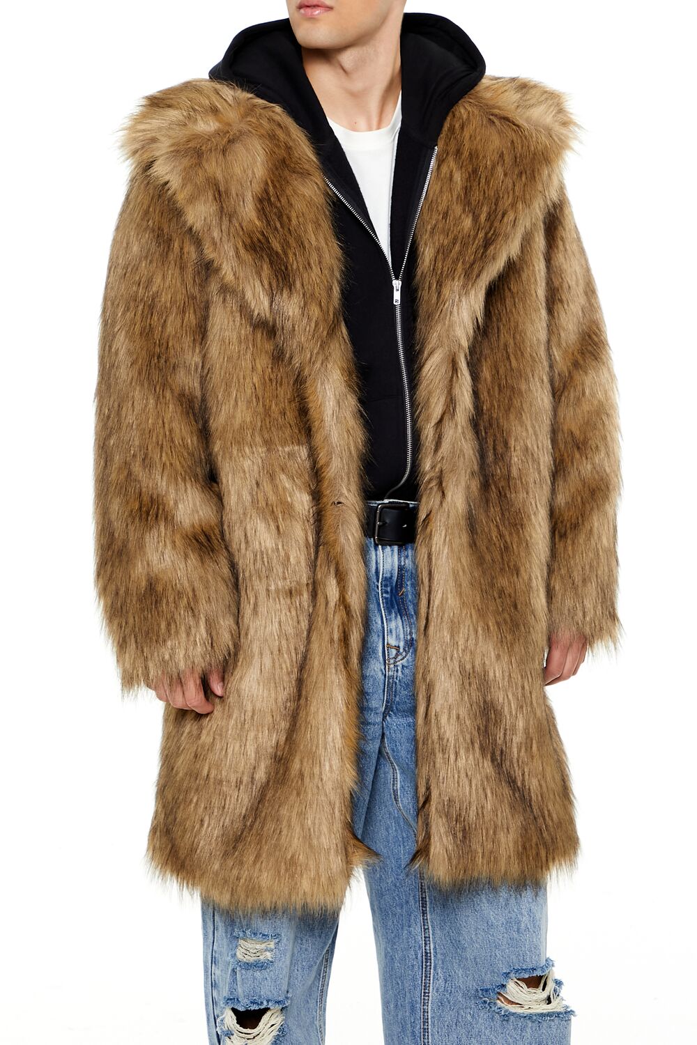  Forever 21 Faux Fur Longline Coat - brown-multi-swatch - Bonton
