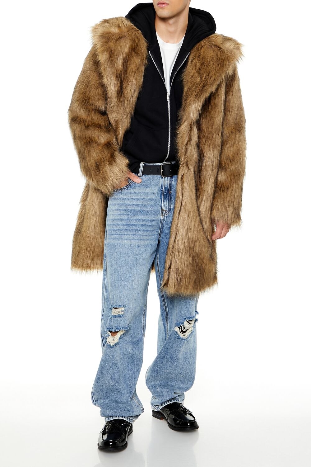  Forever 21 Faux Fur Longline Coat - brown-multi-swatch - Bonton