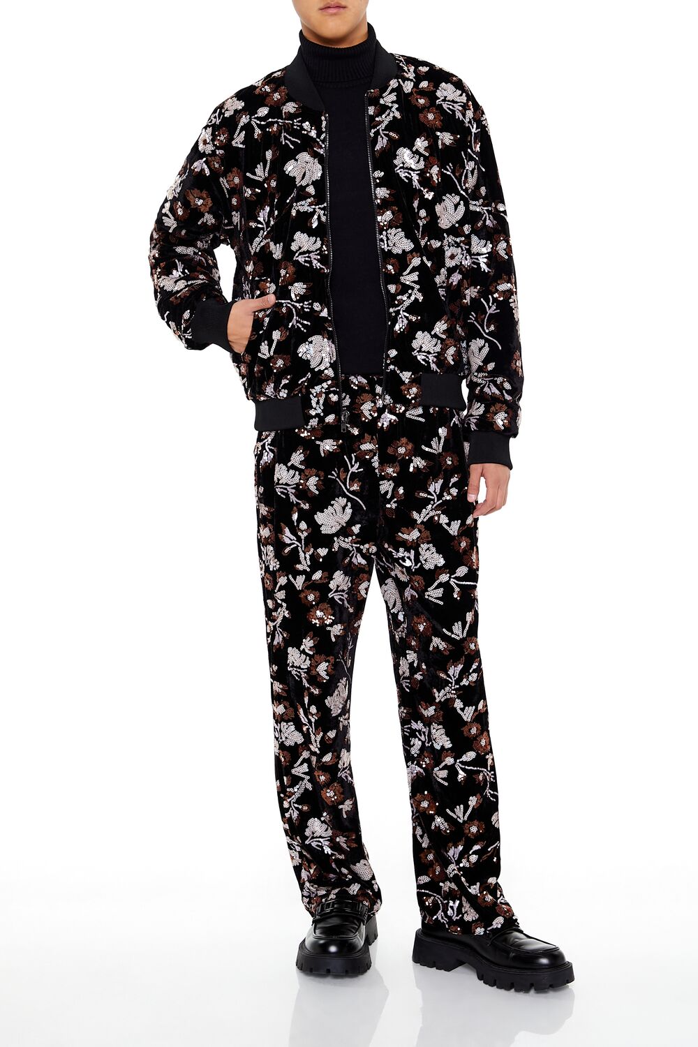  Forever 21 Sequin Floral Print Joggers - black-multi - Bonton