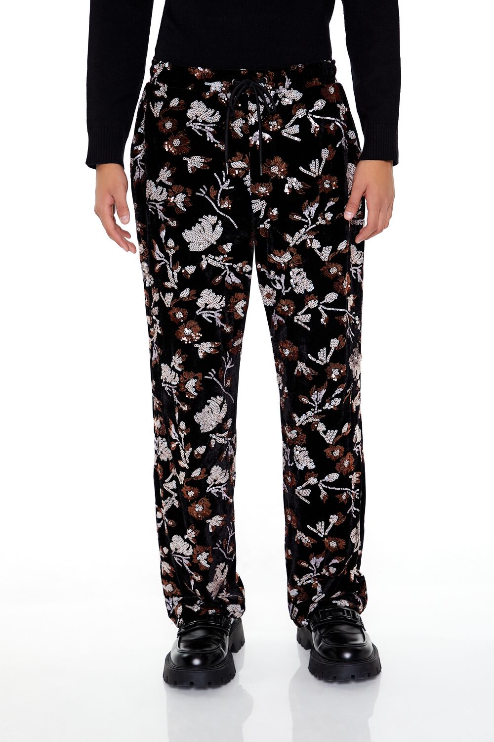  Forever 21 Sequin Floral Print Joggers - black-multi - Bonton