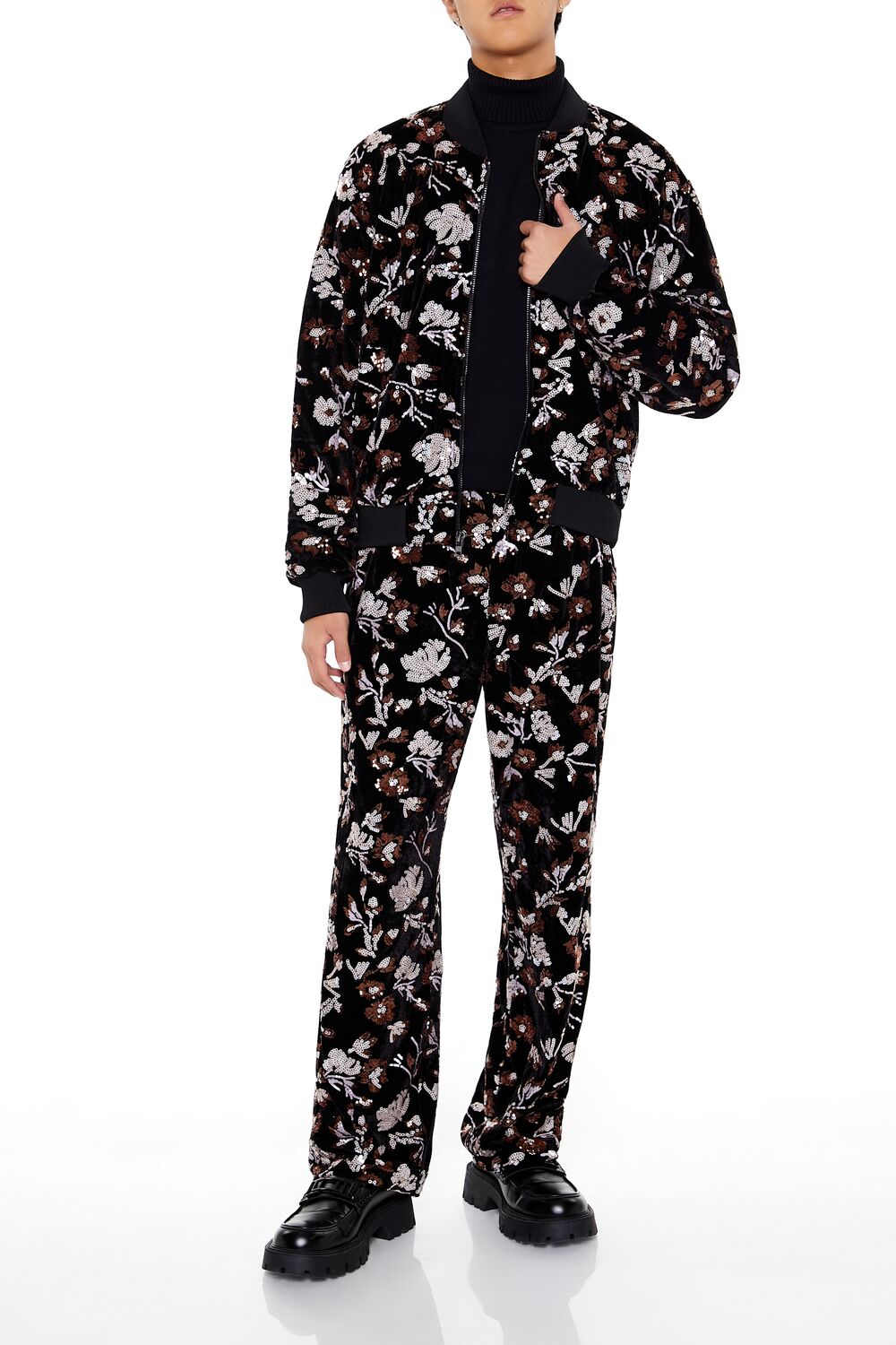  Forever 21 Sequin Floral Print Joggers - black-multi - Bonton