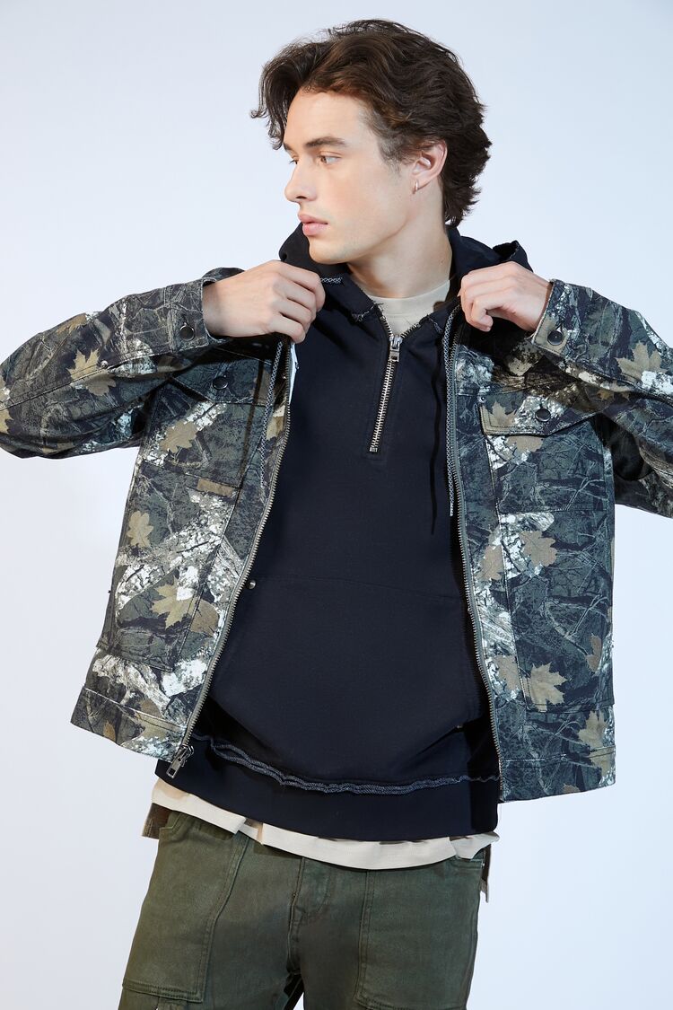  Forever 21 Leaf Print Zip-Up Trucker Jacket - olive-multi-swatch - Bonton