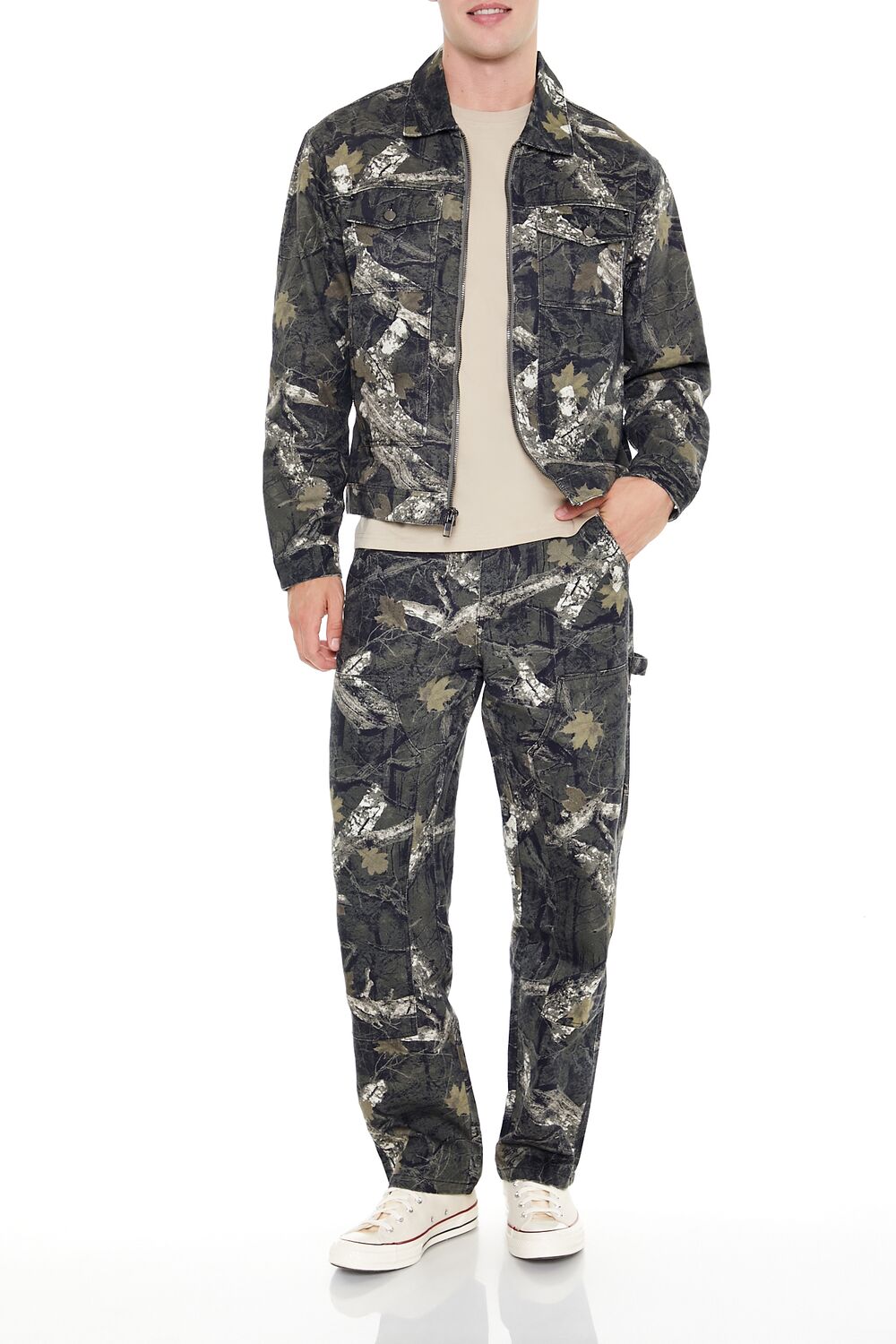  Forever 21 Leaf Print Zip-Up Trucker Jacket - olive-multi-swatch - Bonton