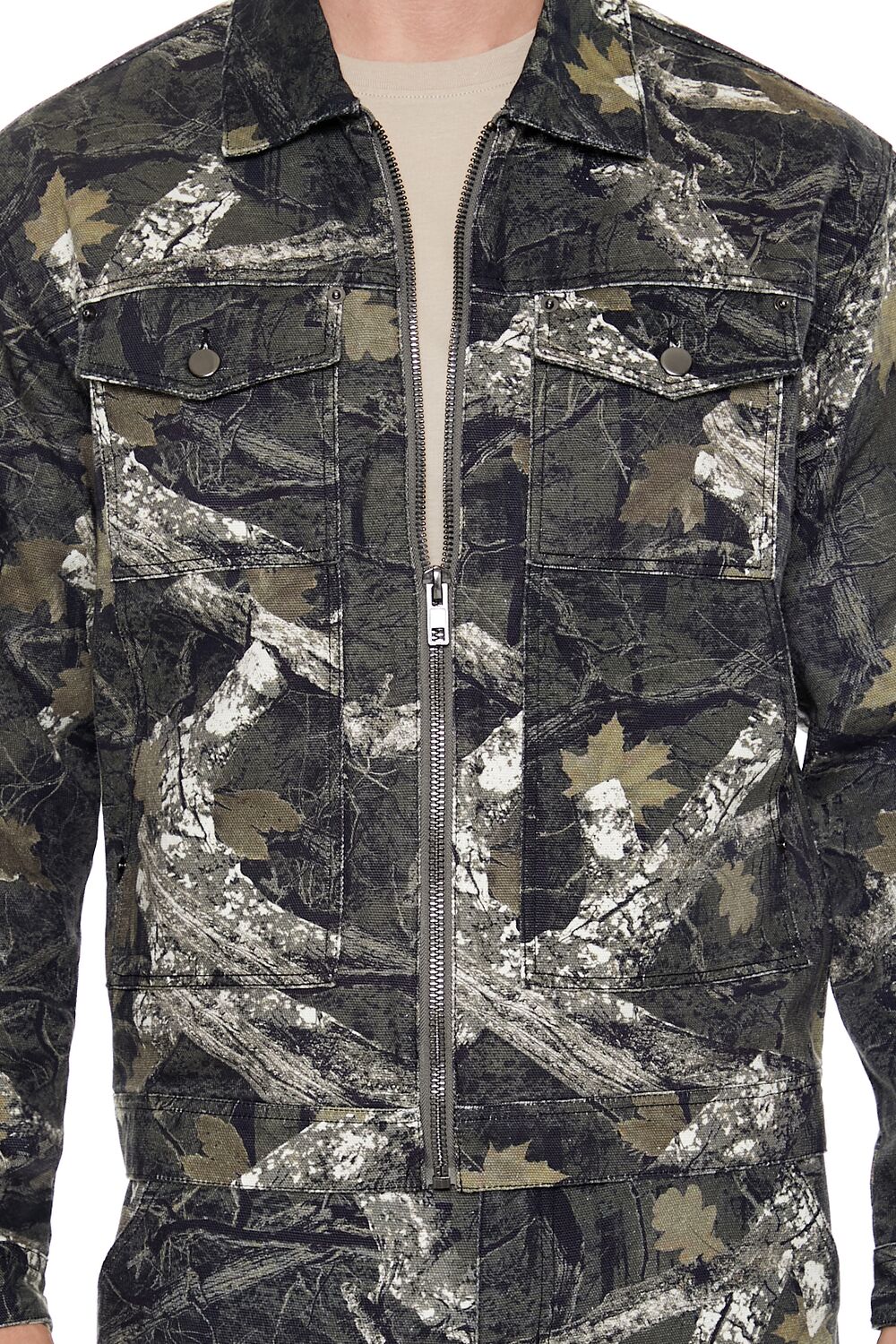  Forever 21 Leaf Print Zip-Up Trucker Jacket - olive-multi-swatch - Bonton
