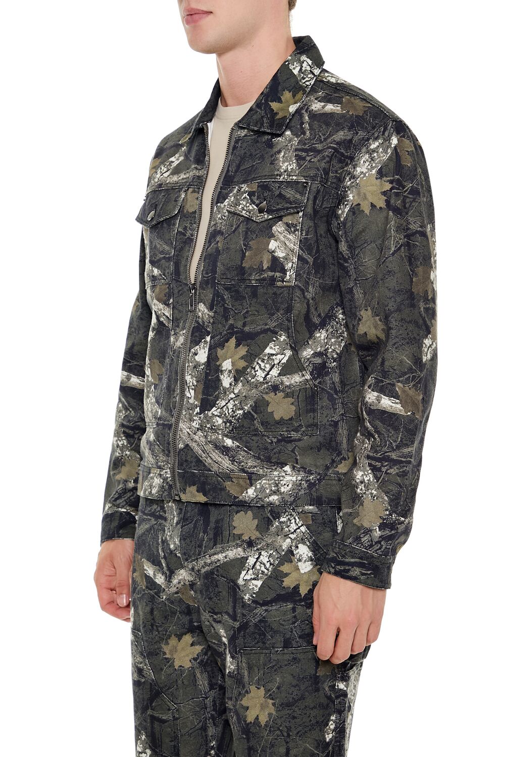  Forever 21 Leaf Print Zip-Up Trucker Jacket - olive-multi-swatch - Bonton