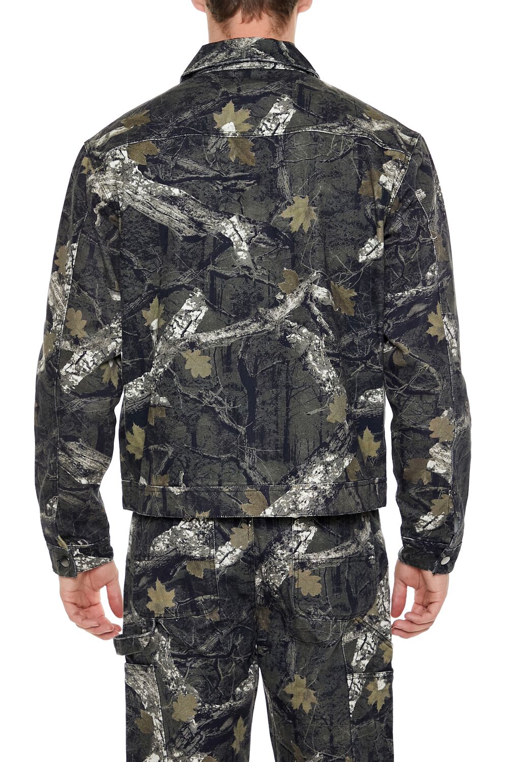  Forever 21 Leaf Print Zip-Up Trucker Jacket - olive-multi-swatch - Bonton