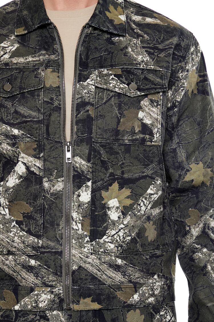 Forever 21 Leaf Print Zip-Up Trucker Jacket - olive-multi-swatch - Bonton