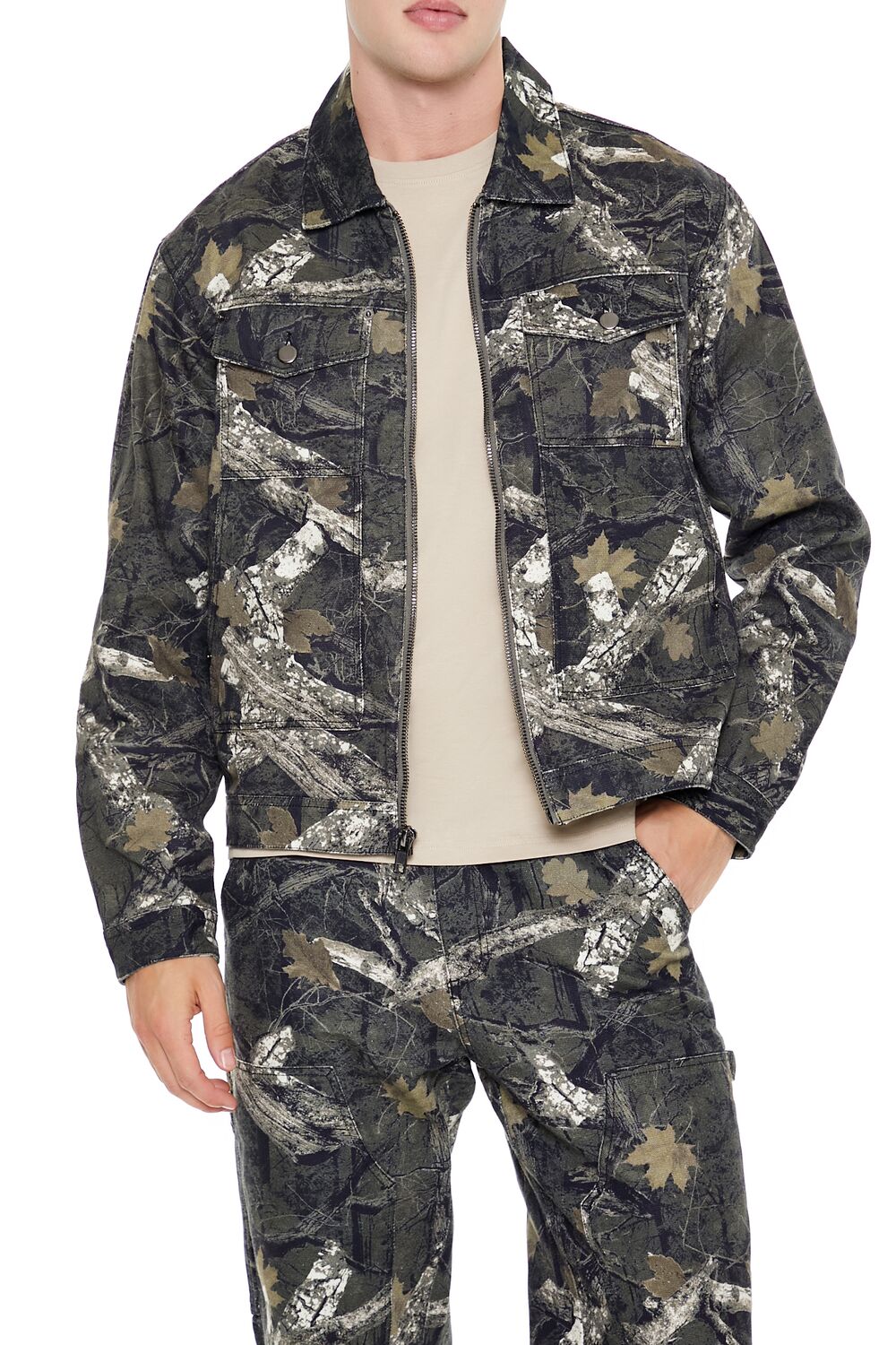  Forever 21 Leaf Print Zip-Up Trucker Jacket - olive-multi-swatch - Bonton