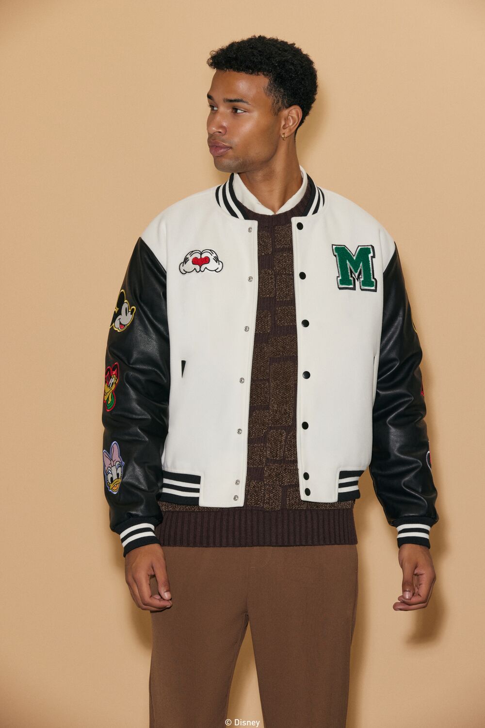  Forever 21 Unisex Disney Mickey & Friends Chenille Patch Varsity Jacket - cream-multi - Bonton