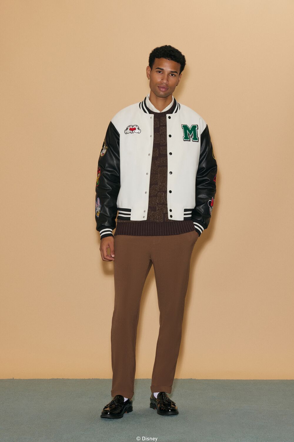  Forever 21 Unisex Disney Mickey & Friends Chenille Patch Varsity Jacket - cream-multi - Bonton