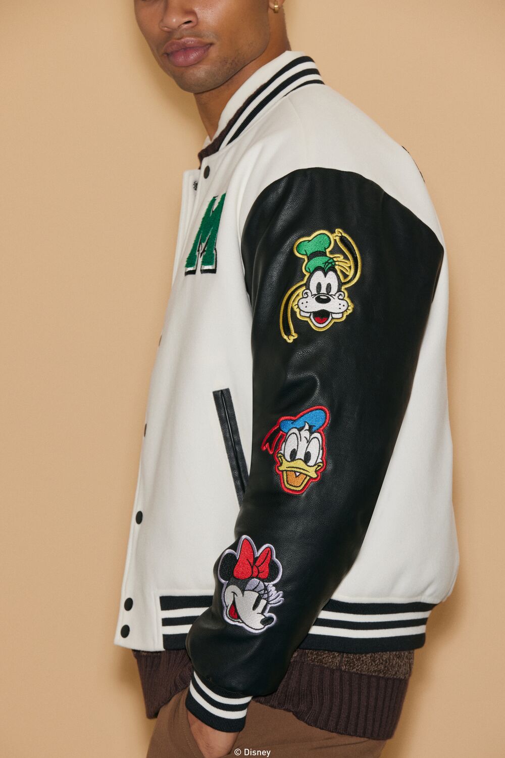  Forever 21 Unisex Disney Mickey & Friends Chenille Patch Varsity Jacket - cream-multi - Bonton