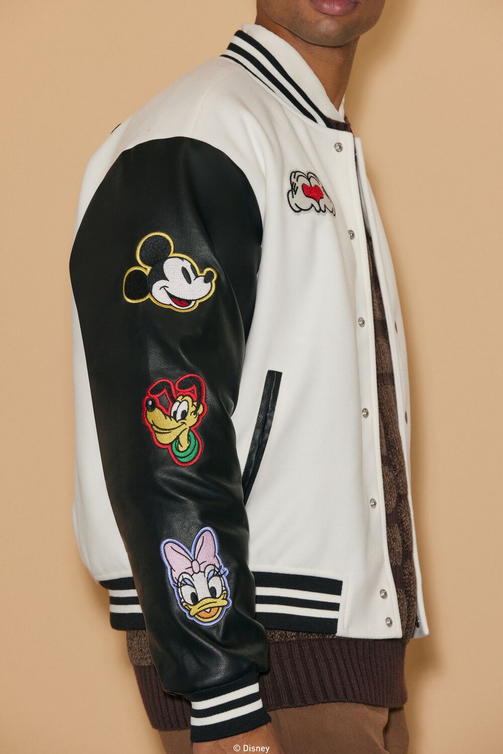  Forever 21 Unisex Disney Mickey & Friends Chenille Patch Varsity Jacket - cream-multi - Bonton