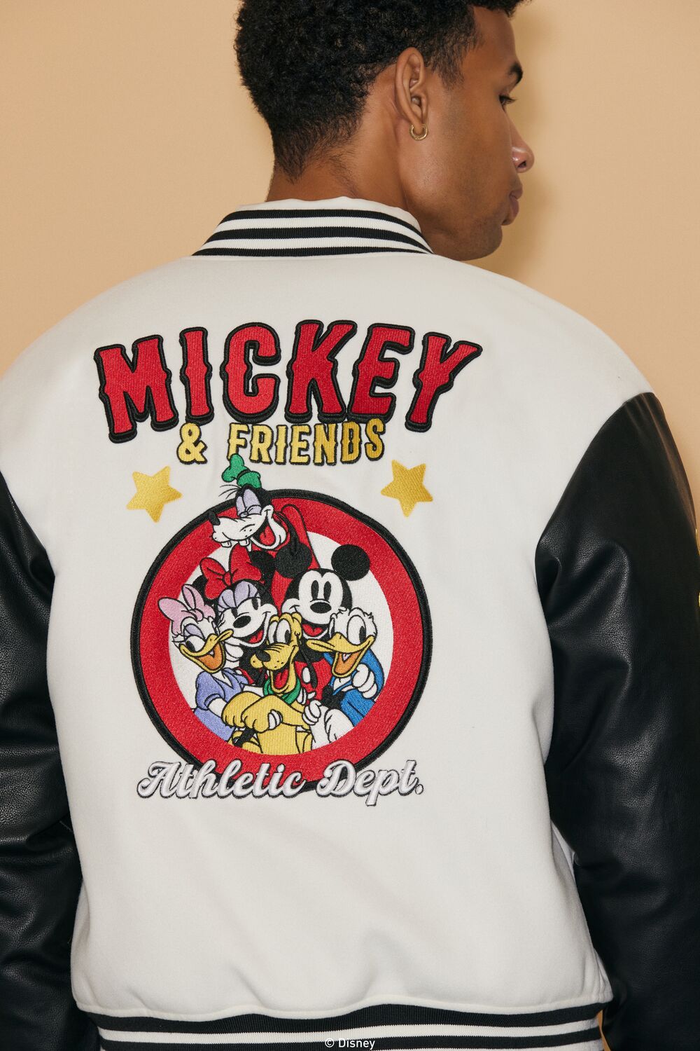  Forever 21 Unisex Disney Mickey & Friends Chenille Patch Varsity Jacket - cream-multi - Bonton