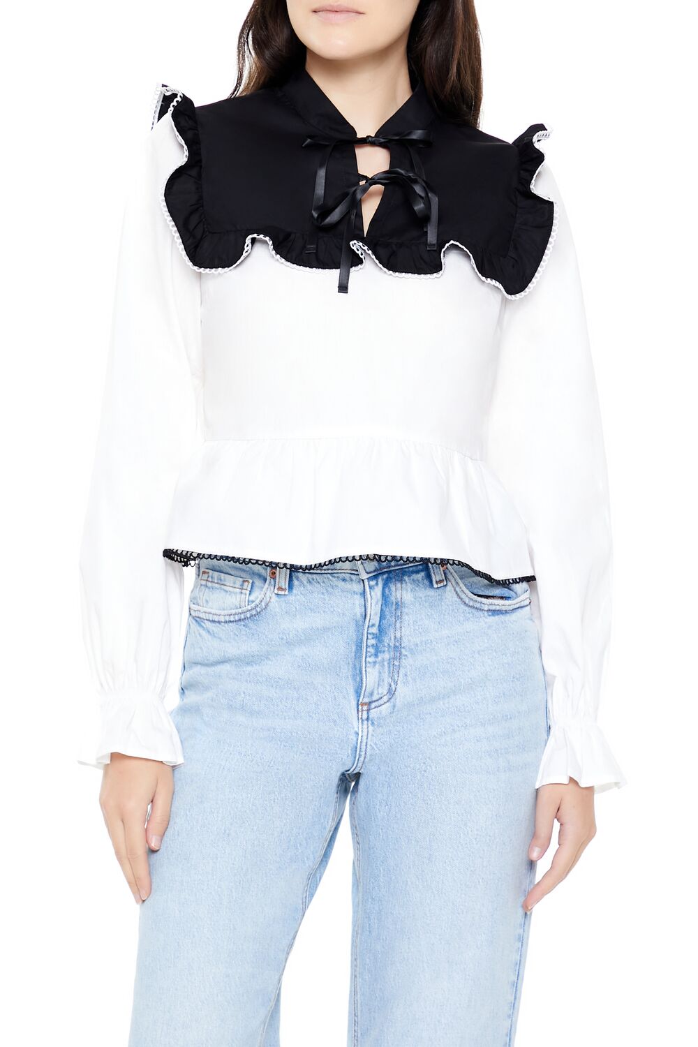  Forever 21 Colorblock Ruffle Peplum Top - black white - Bonton