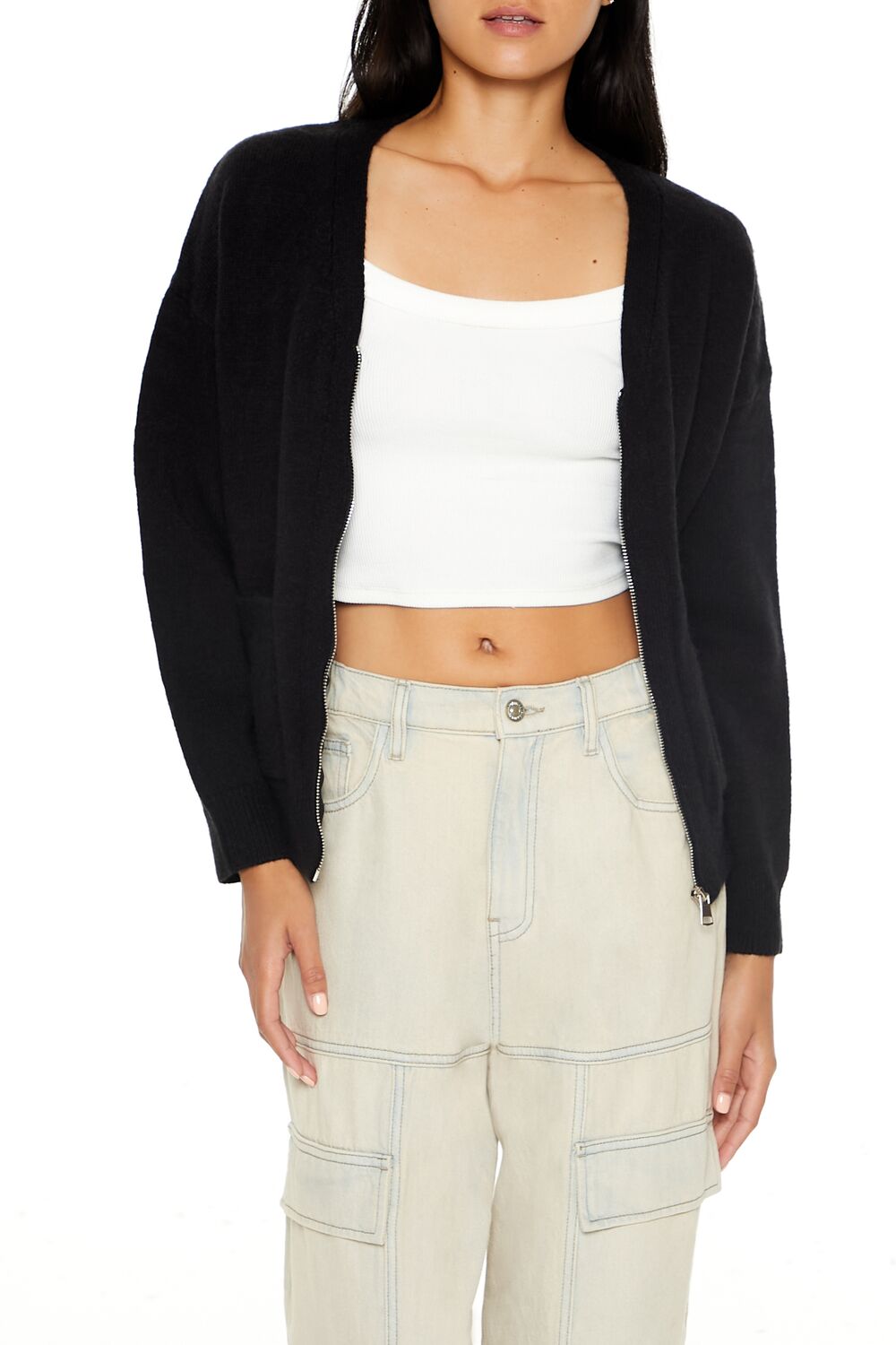  Forever 21 Drop-Sleeve Zip-Up Sweater - dark green - Bonton