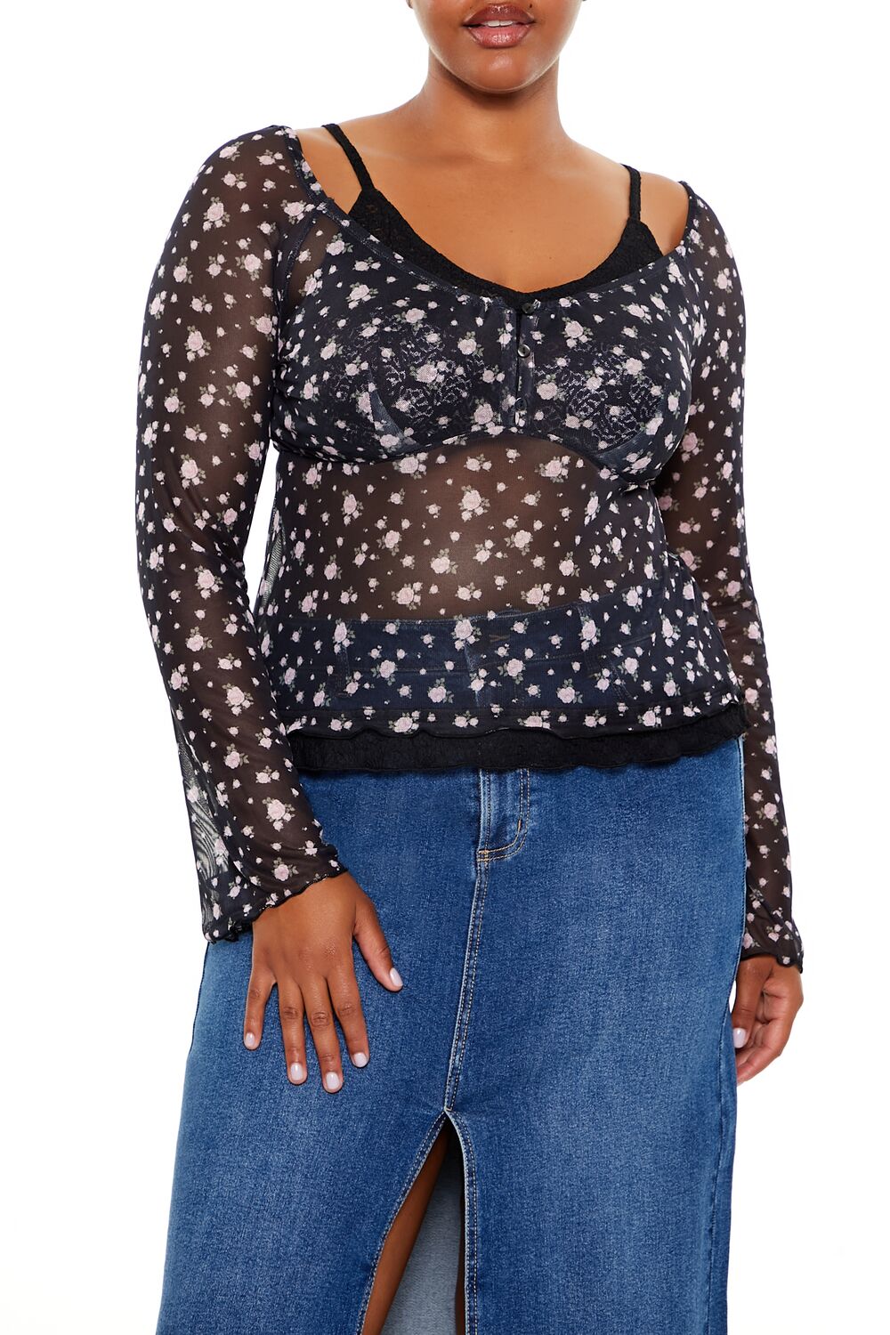  Forever 21 Plus Size Floral Print Combo Top - black multi - Bonton