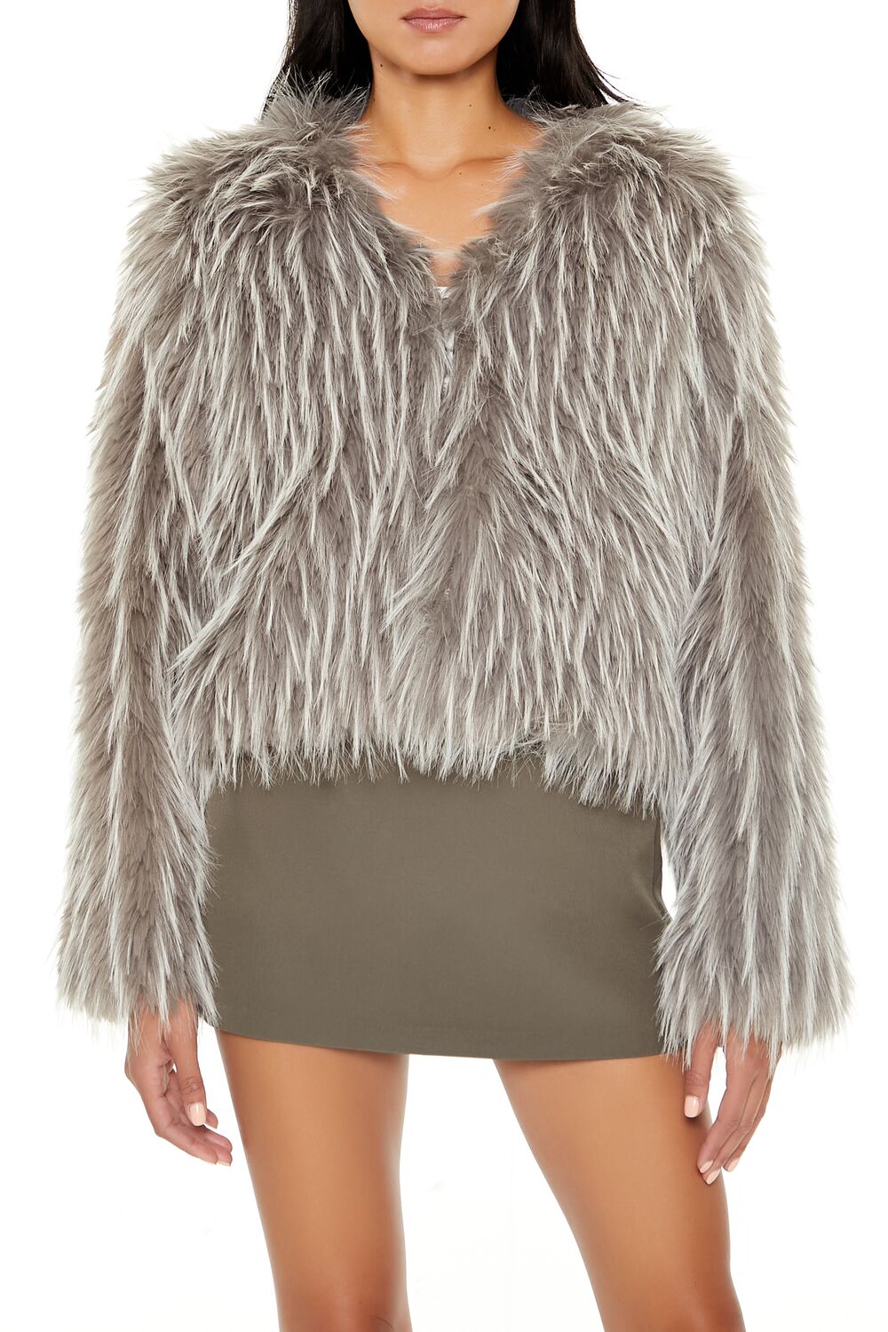  Forever 21 Cropped Faux Fur Coat - grey-multi-swatch - Bonton