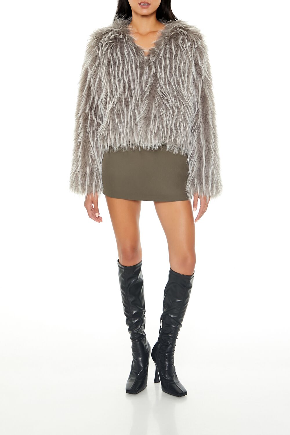  Forever 21 Cropped Faux Fur Coat - grey-multi-swatch - Bonton