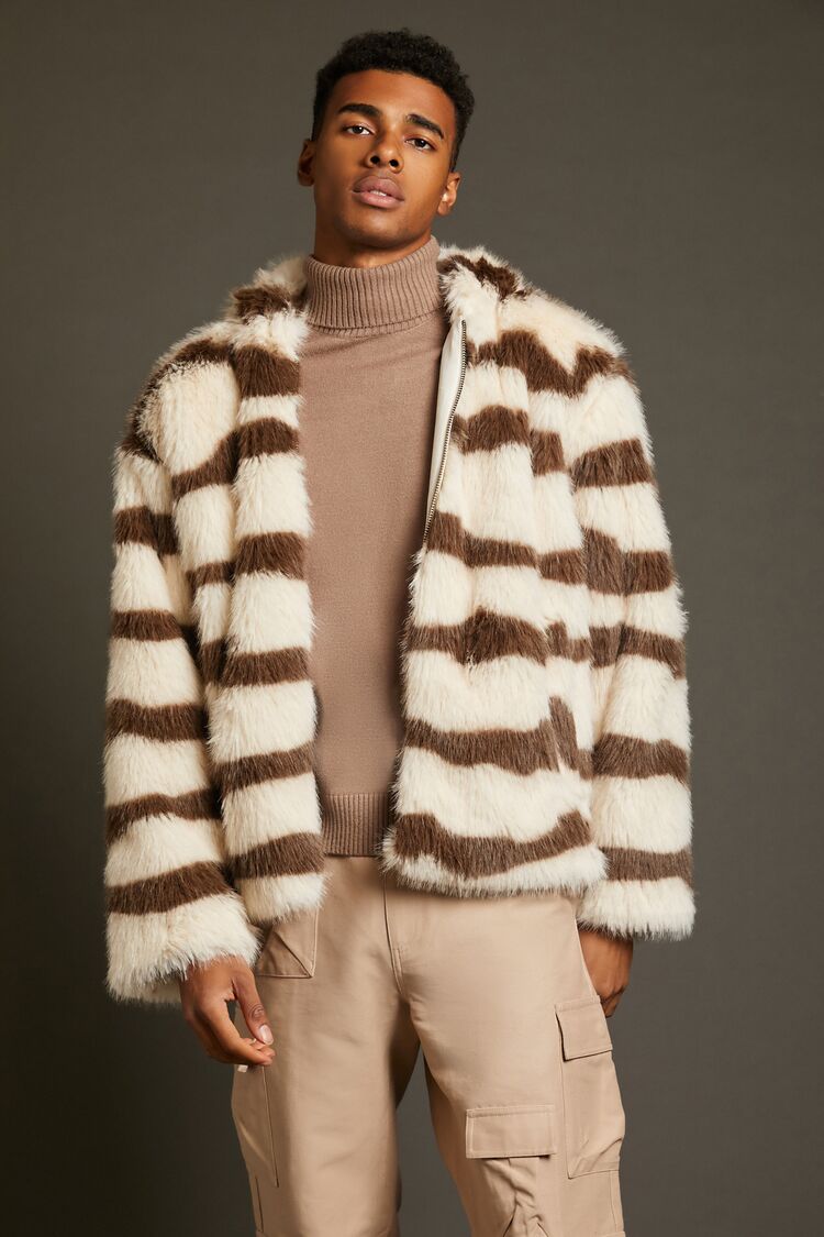  Forever 21 Striped Faux Fur Jacket - cream-cocoa-swatch - Bonton