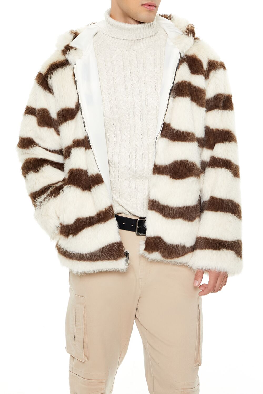  Forever 21 Striped Faux Fur Jacket - cream-cocoa-swatch - Bonton