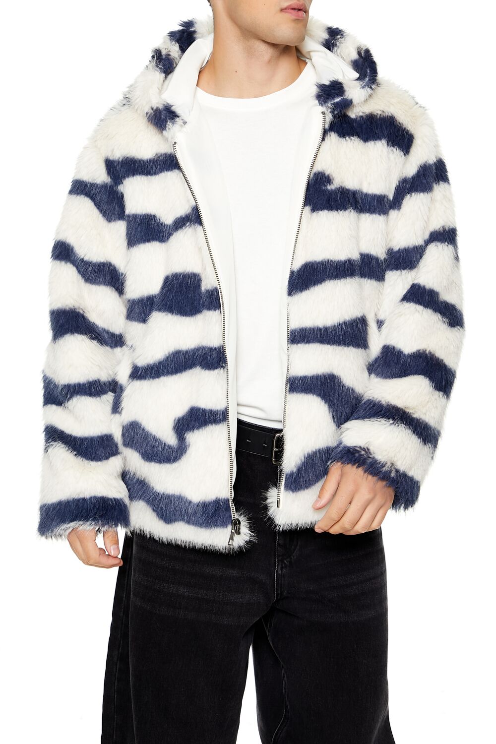  Forever 21 Striped Faux Fur Jacket - cream-cocoa-swatch - Bonton