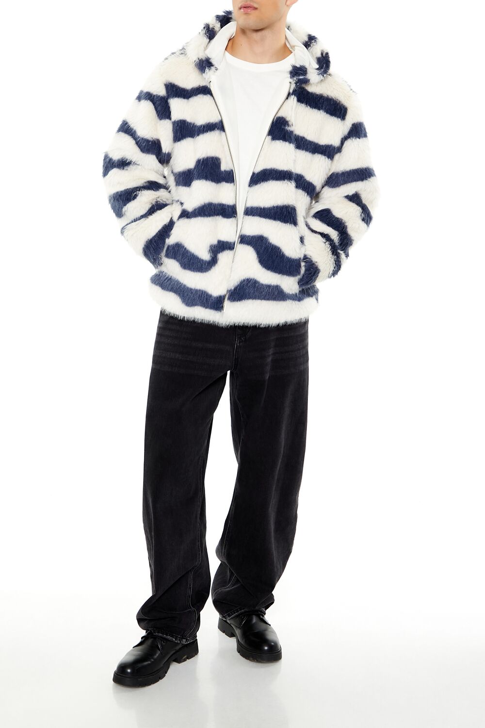  Forever 21 Striped Faux Fur Jacket - cream-cocoa-swatch - Bonton
