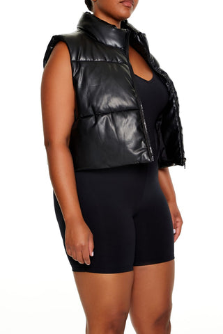 Plus Size Faux Leather Puffer Vest