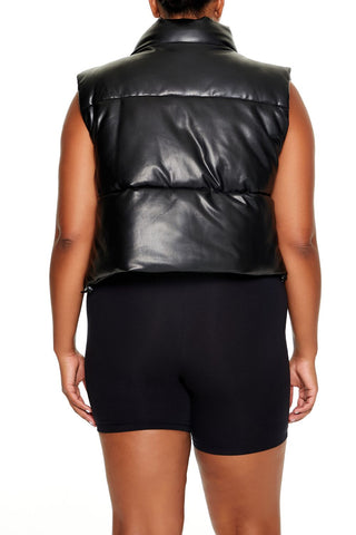 Plus Size Faux Leather Puffer Vest