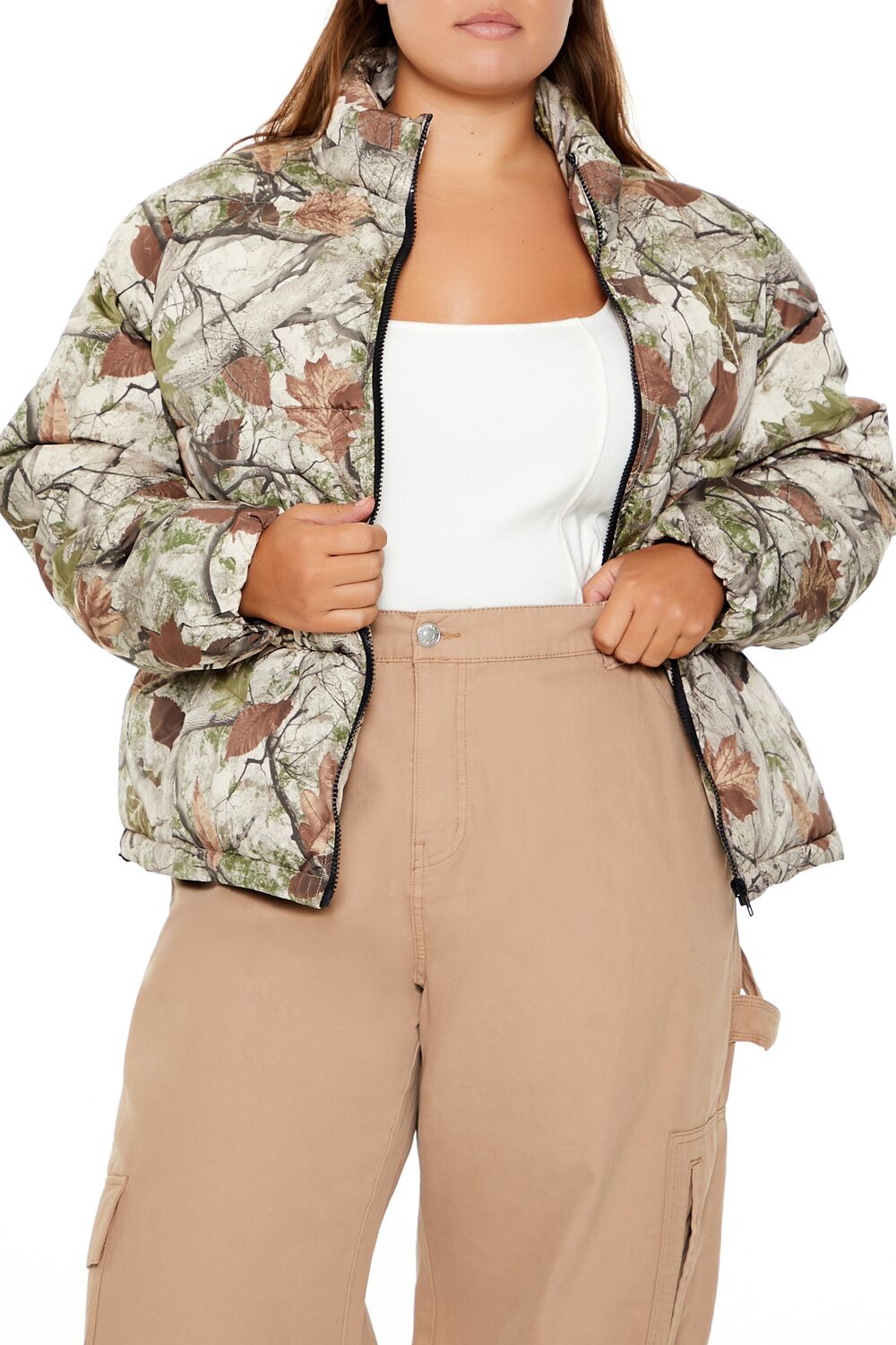  Forever 21 Plus Size Leaf Print Puffer Jacket - olive-multi-swatch - Bonton