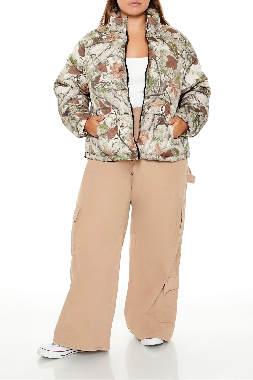  Forever 21 Plus Size Leaf Print Puffer Jacket - olive-multi-swatch - Bonton