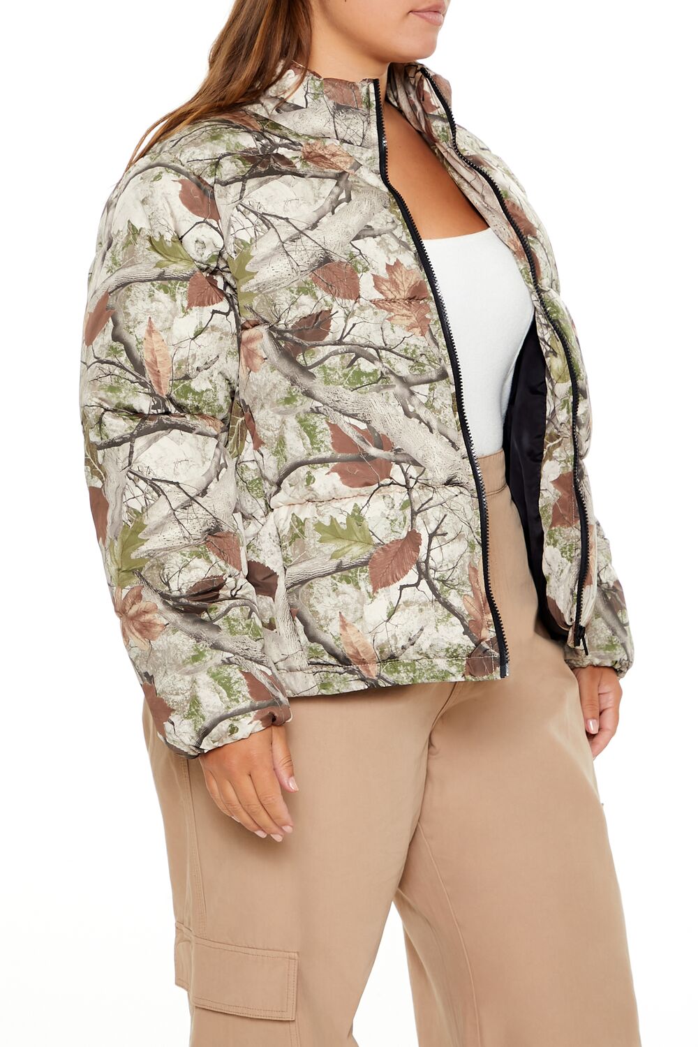  Forever 21 Plus Size Leaf Print Puffer Jacket - olive-multi-swatch - Bonton