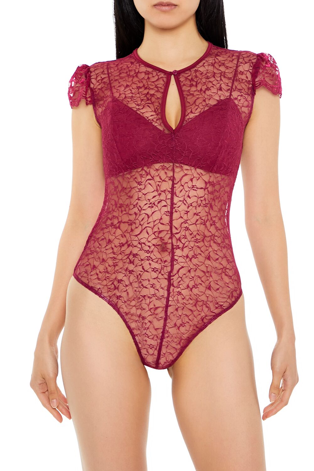  Forever 21 Sheer Lace Thong Bodysuit - red - Bonton