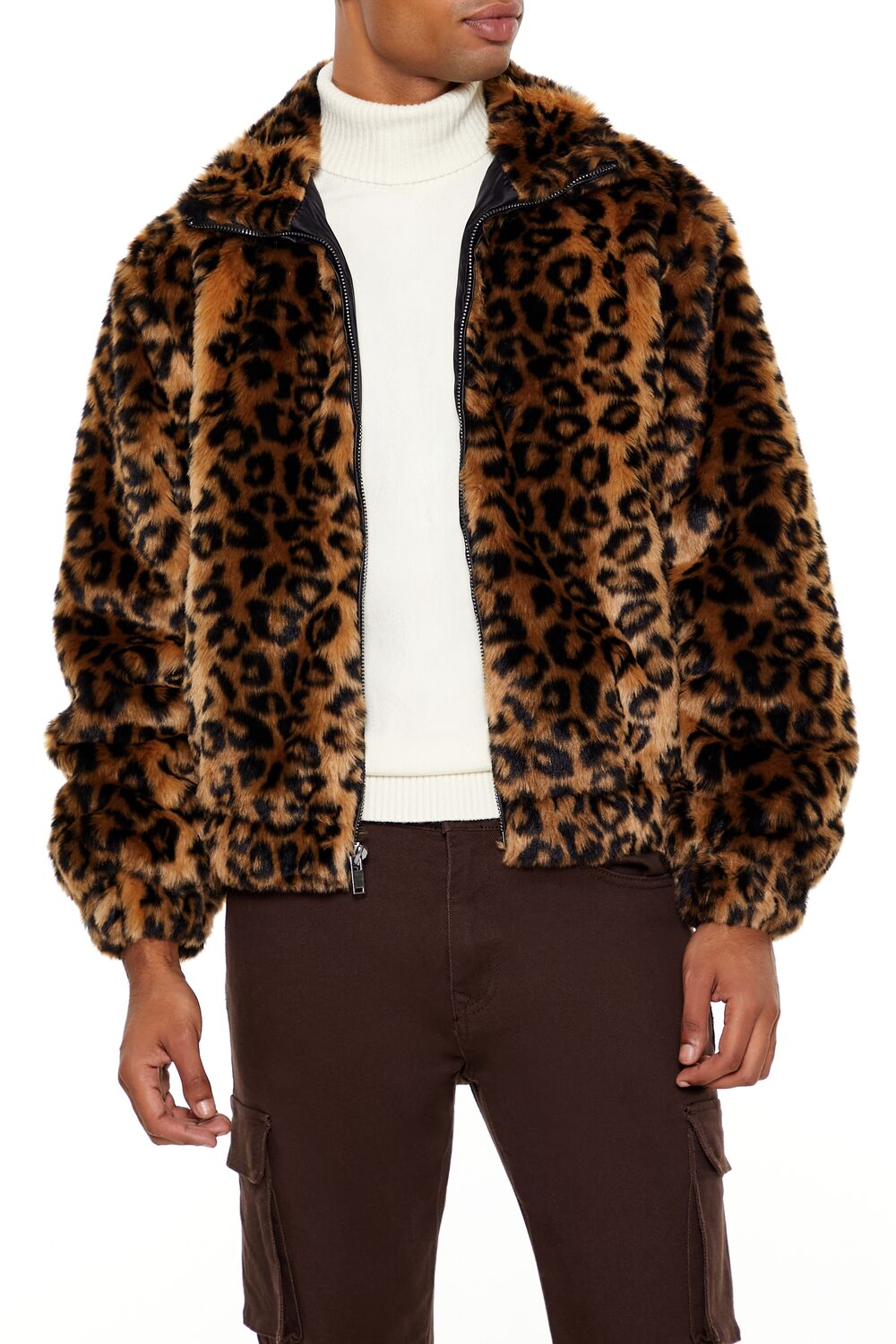  Forever 21 Faux Fur Leopard Zip-Up Coat - black-camel-swatch - Bonton