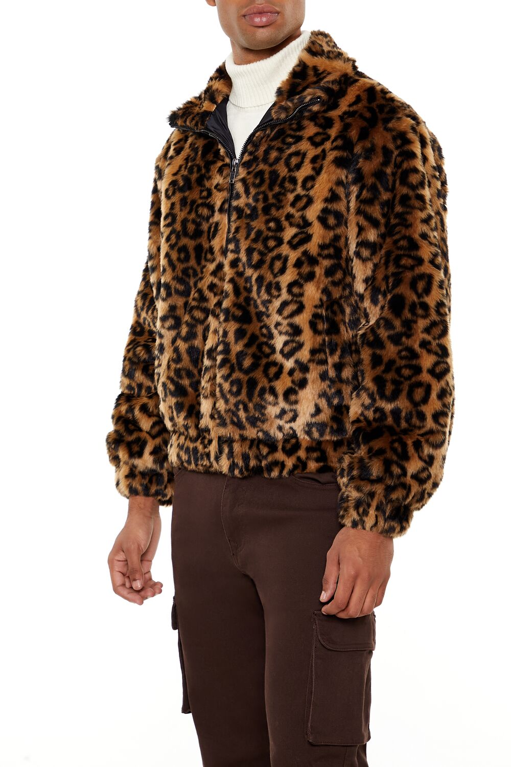  Forever 21 Faux Fur Leopard Zip-Up Coat - black-camel-swatch - Bonton