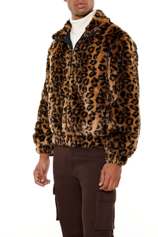 Faux Fur Leopard Zip-Up Coat