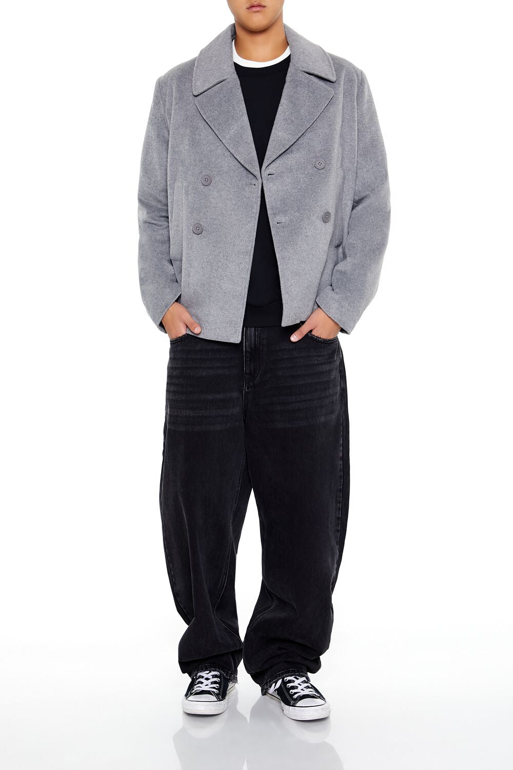  Forever 21 Notched Double-Breasted Coat - grey - Bonton