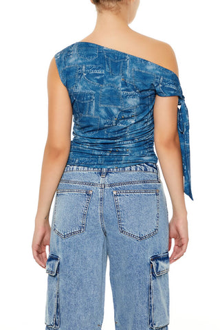 Denim Print Off-the-Shoulder Top