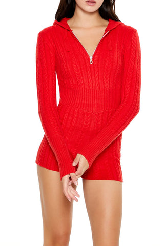 Hooded Cable Knit Zip-Up Romper