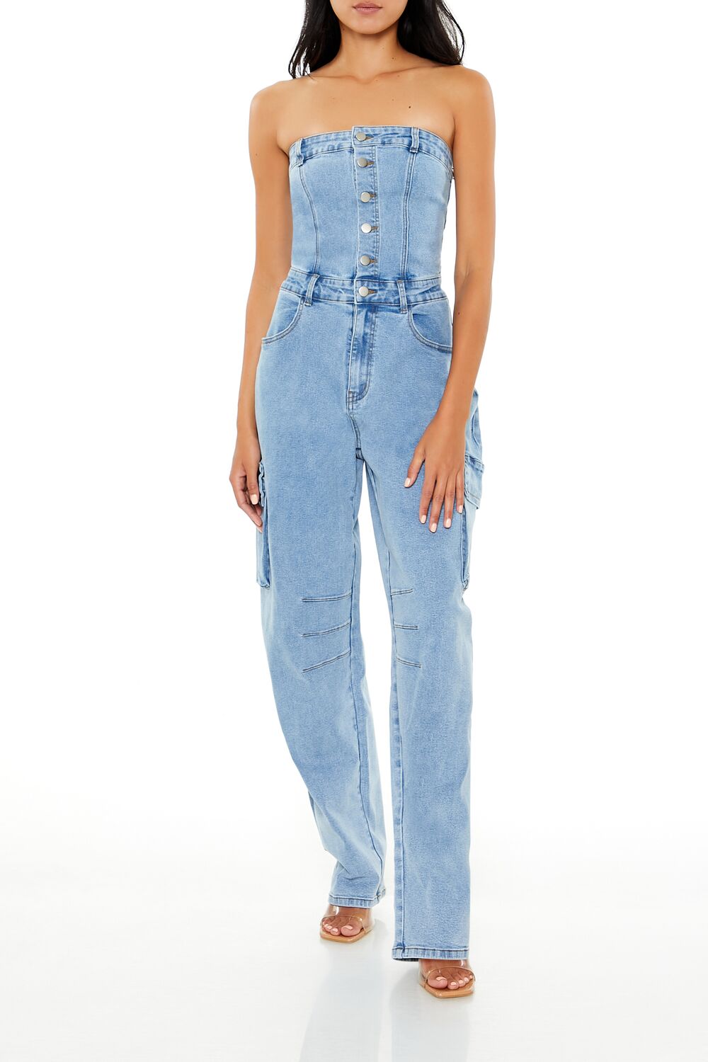  Forever 21 Strapless Denim Cargo Jumpsuit - medium-denim - Bonton
