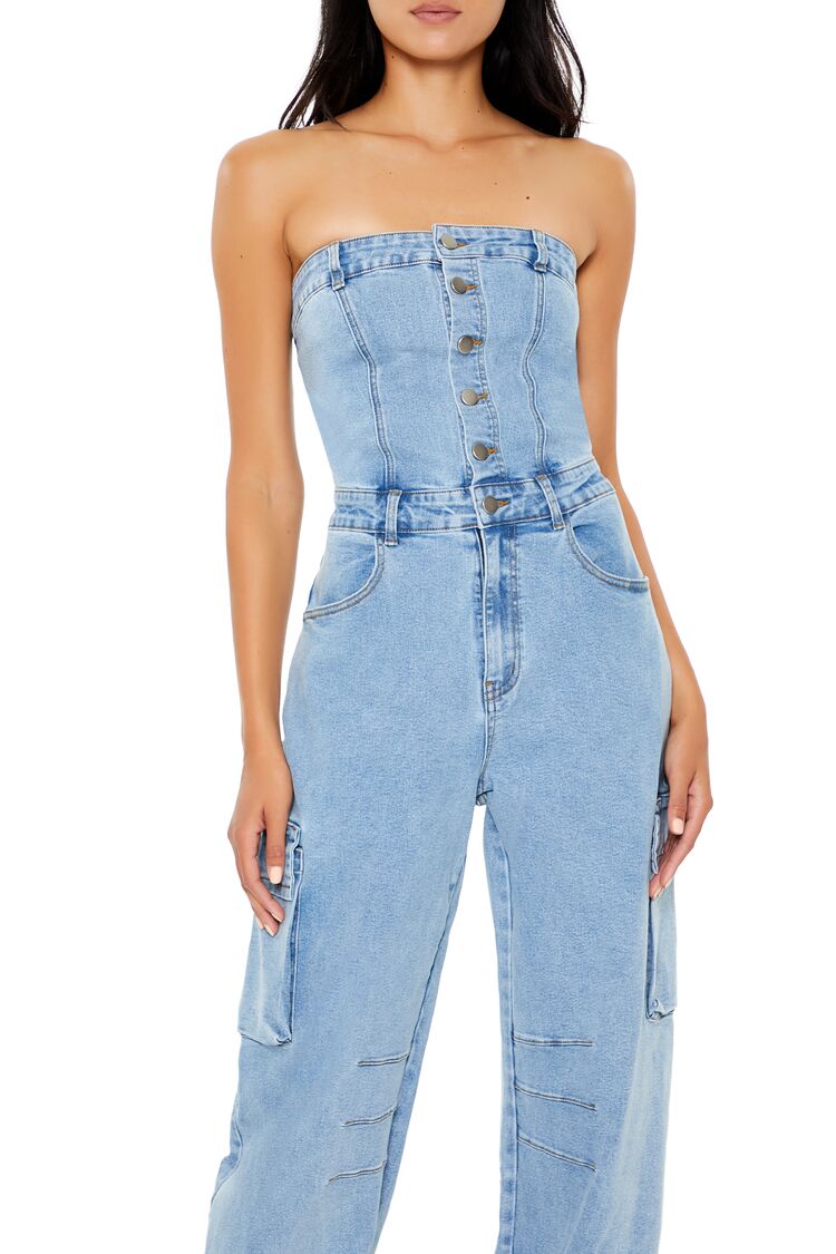  Forever 21 Strapless Denim Cargo Jumpsuit - medium-denim - Bonton