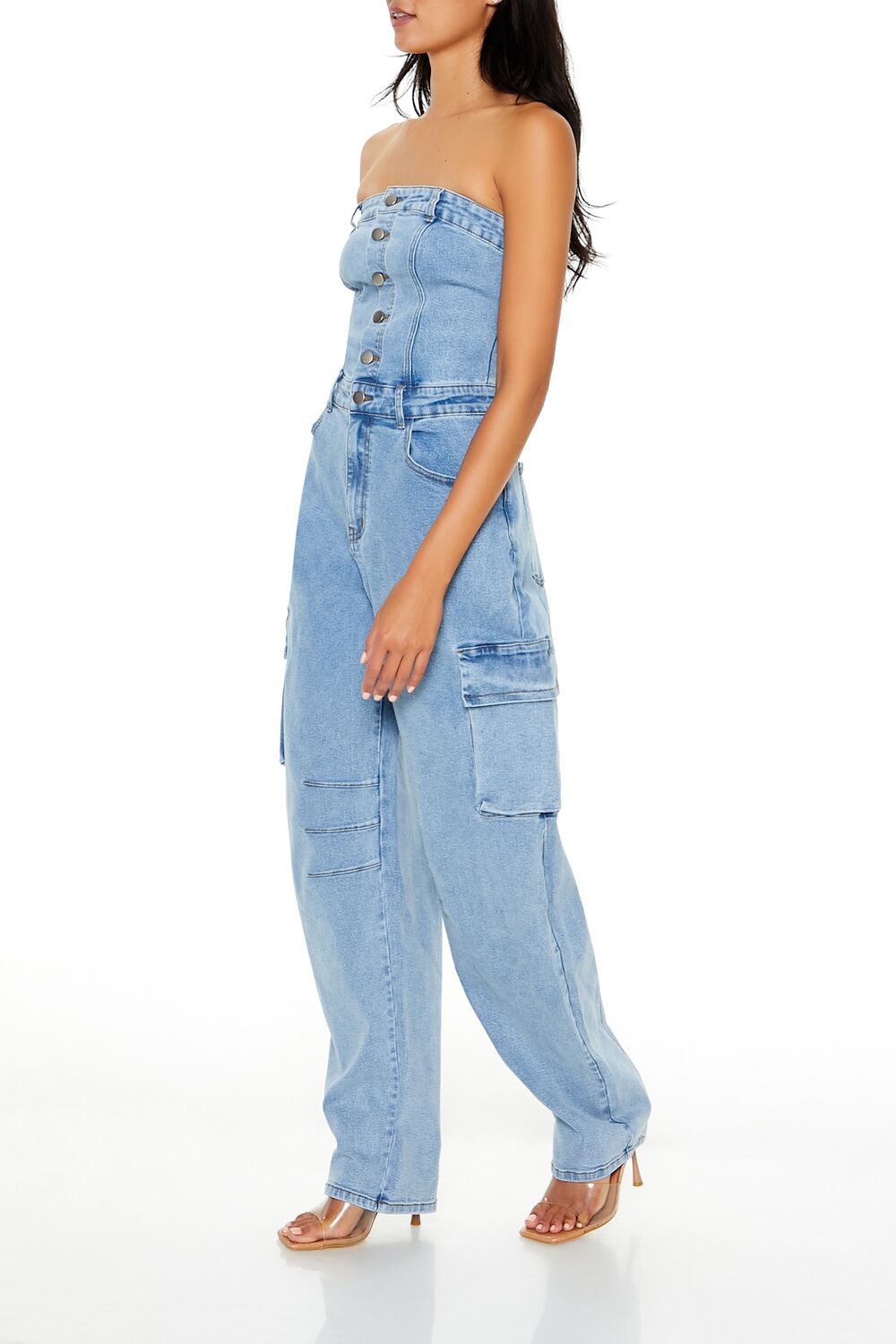  Forever 21 Strapless Denim Cargo Jumpsuit - medium-denim - Bonton