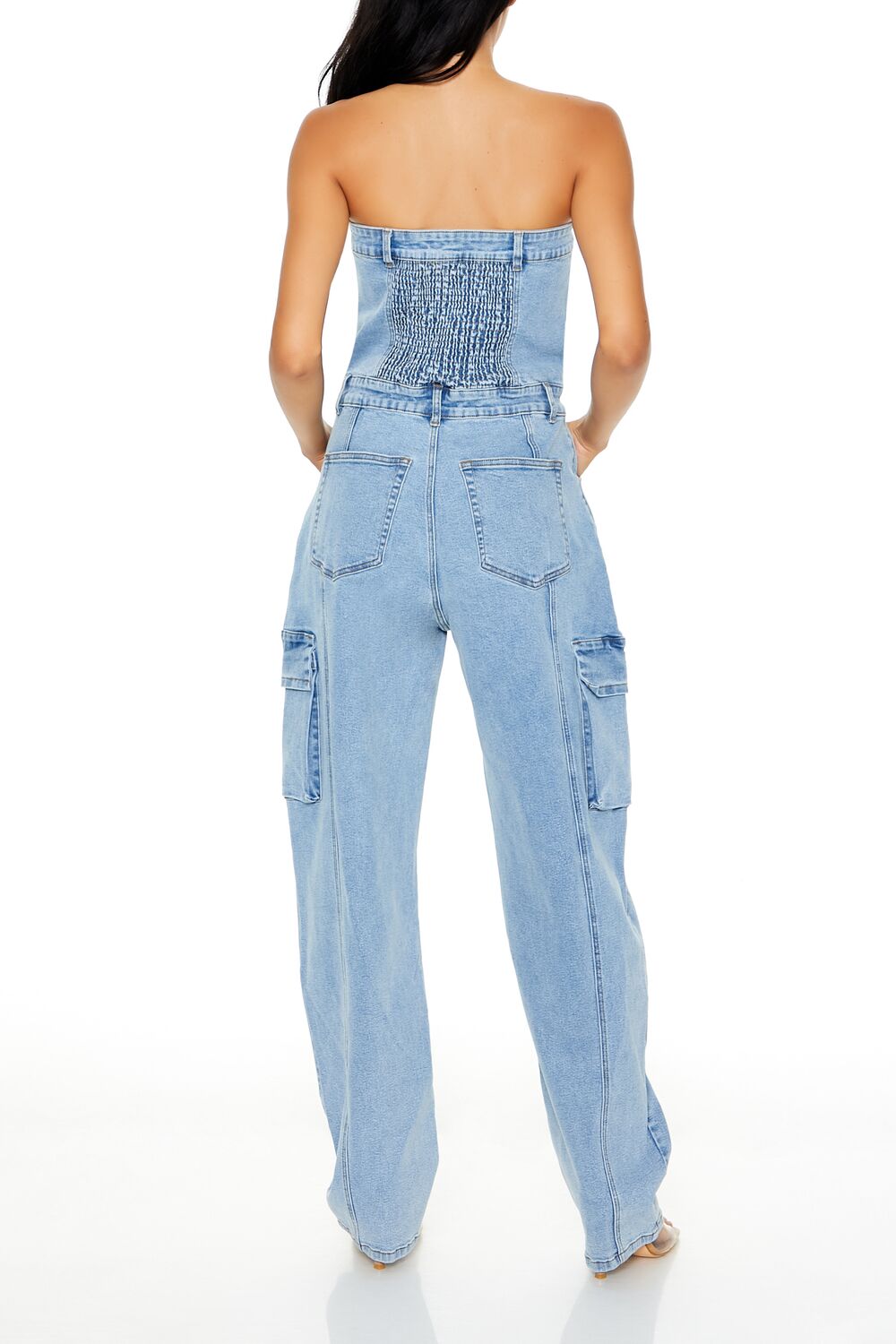  Forever 21 Strapless Denim Cargo Jumpsuit - medium-denim - Bonton