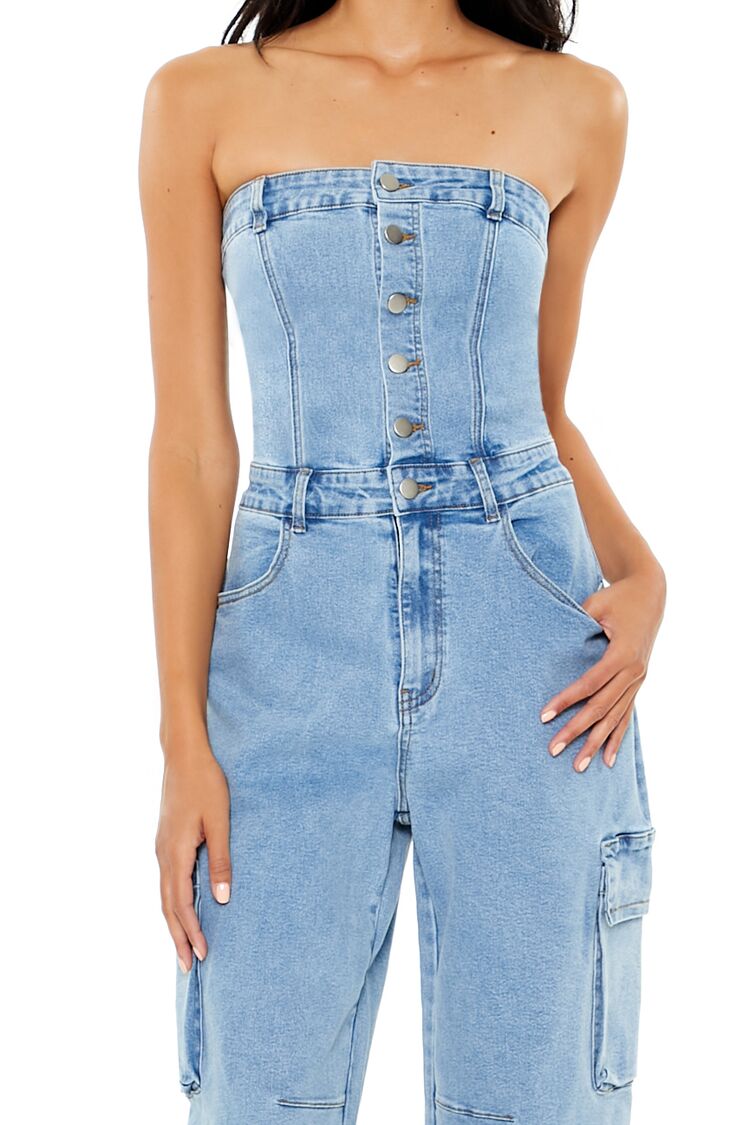  Forever 21 Strapless Denim Cargo Jumpsuit - medium-denim - Bonton