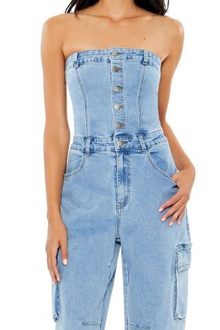 Strapless Denim Cargo Jumpsuit