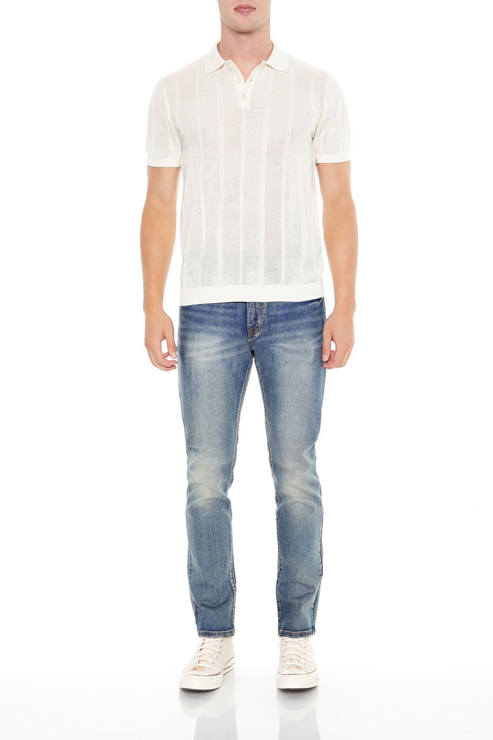  Forever 21 Crochet Sweater-Knit Polo Shirt - cream - Bonton