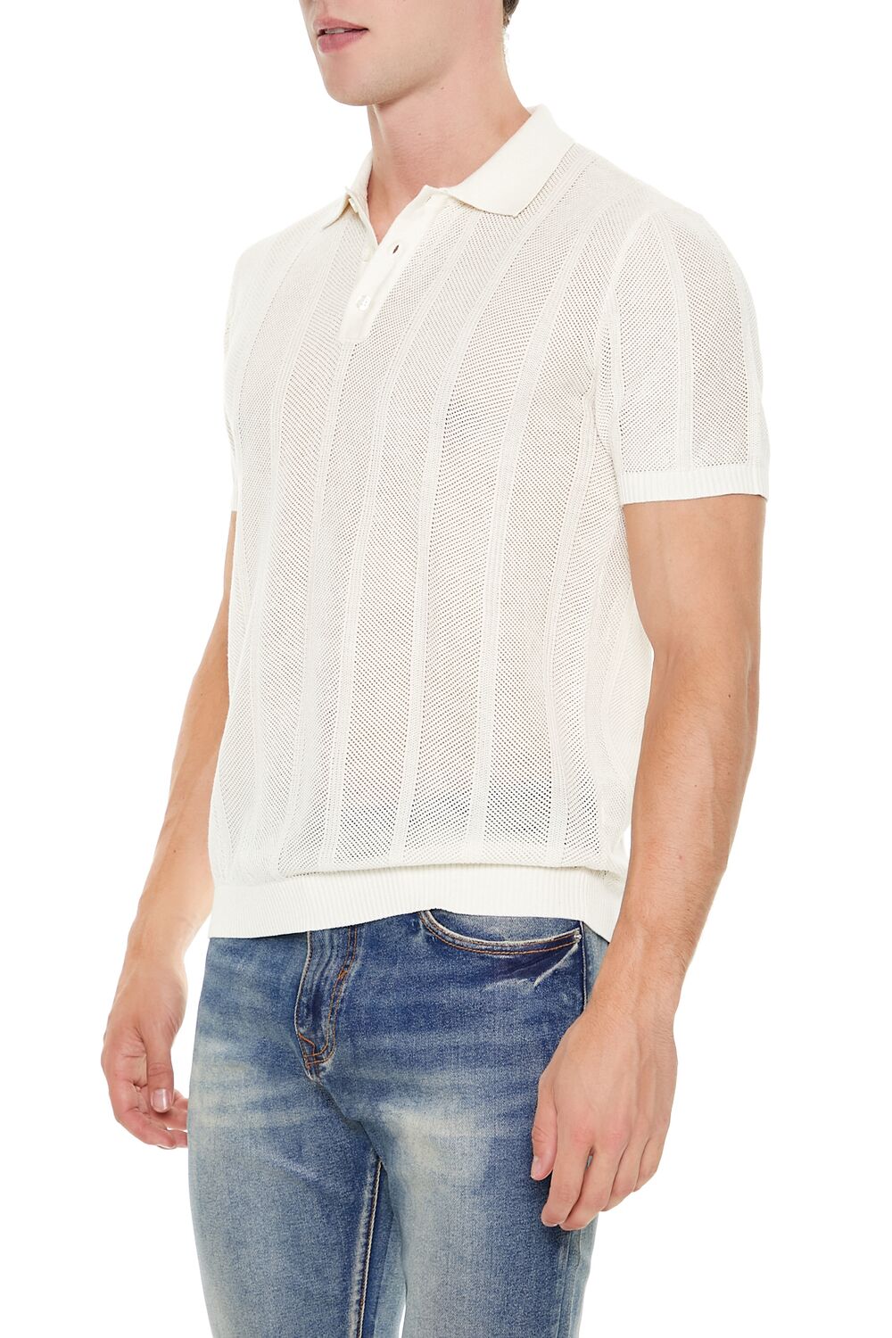  Forever 21 Crochet Sweater-Knit Polo Shirt - cream - Bonton