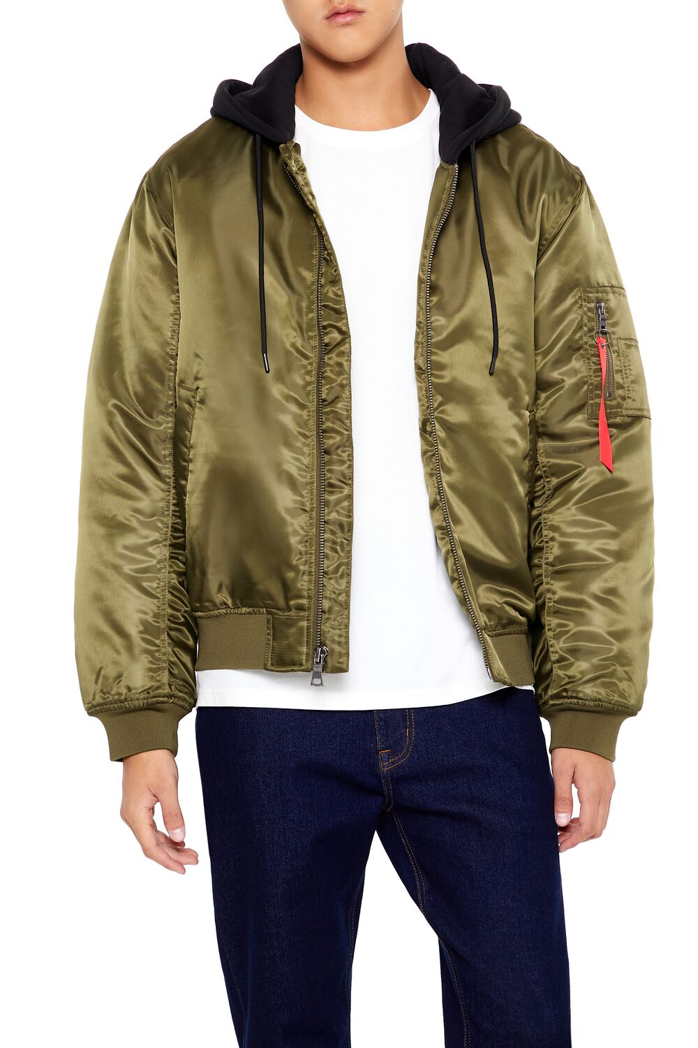  Forever 21 Hooded Cargo Bomber Jacket - olive-black-swatch - Bonton