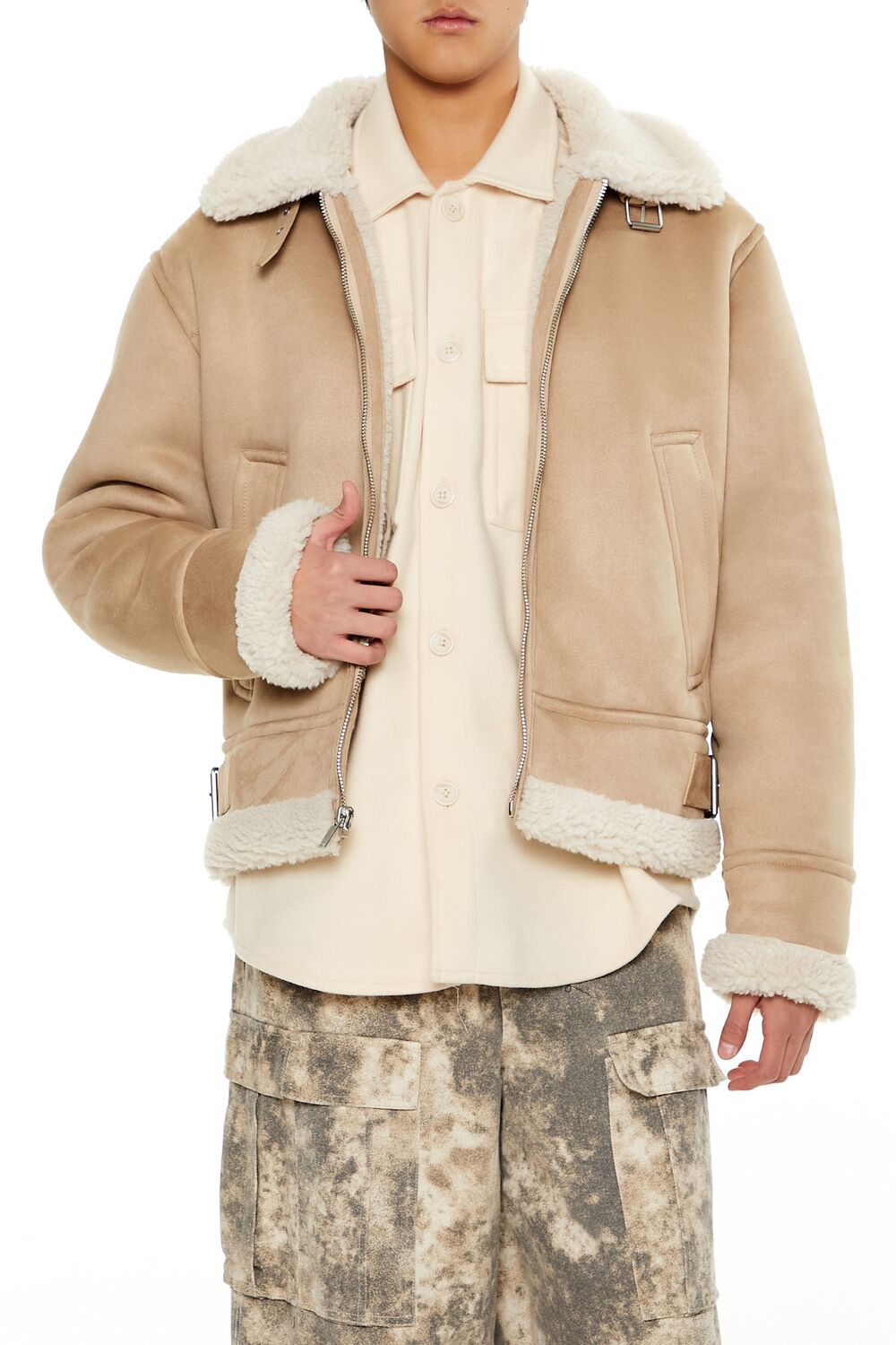  Forever 21 Faux Suede & Shearling Jacket - taupe-cream-swatch - Bonton